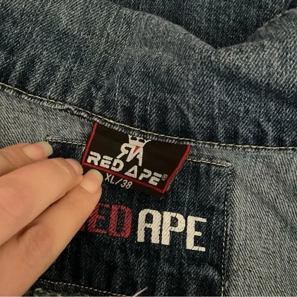 Vintage Red Ape Mens Distressed Denim Jacket XL 38 Faded Blue Jean Jacket - Picture 8 of 9